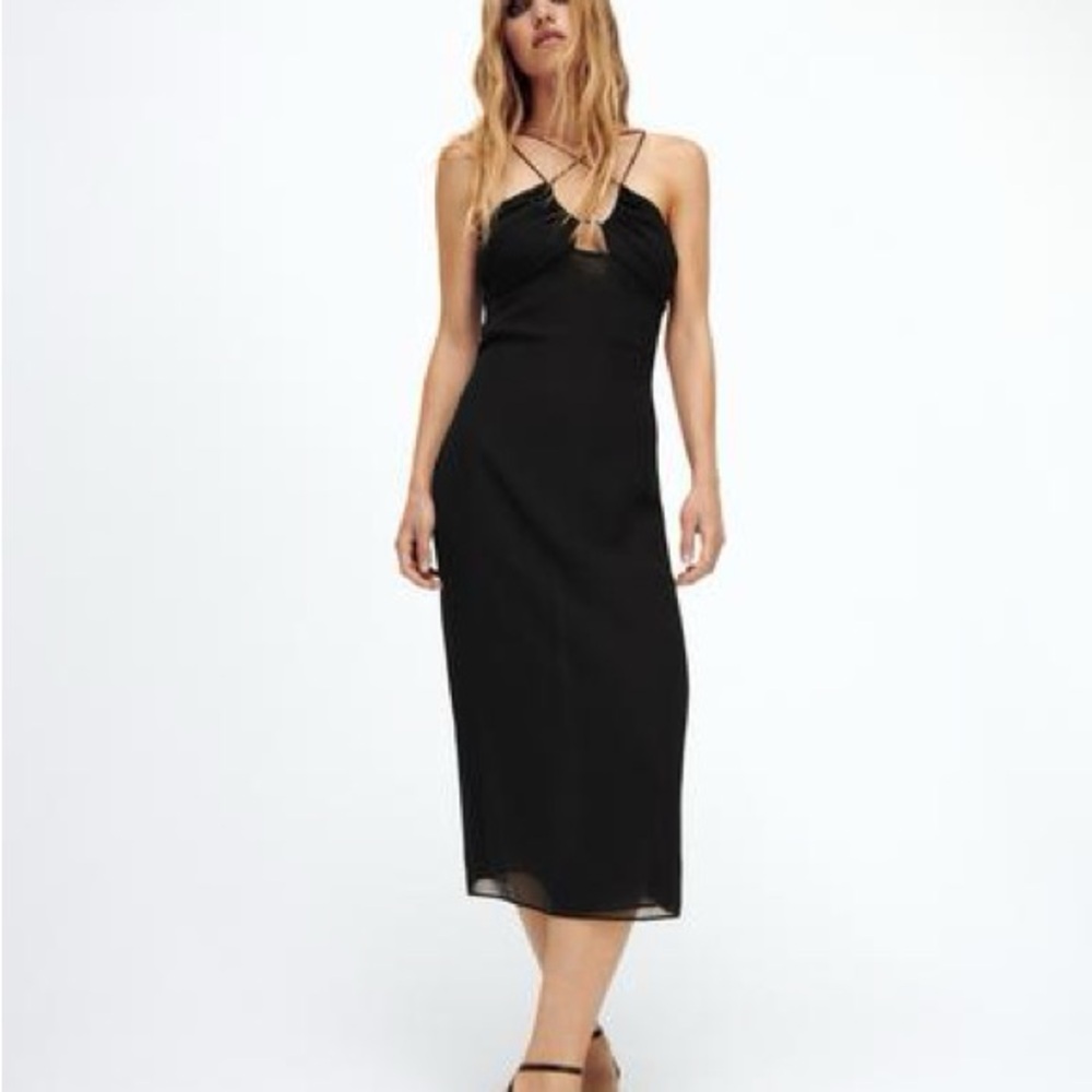 Zara Black Strappy Midi Dress - Women's Elegant Evening Dress. Size XS.